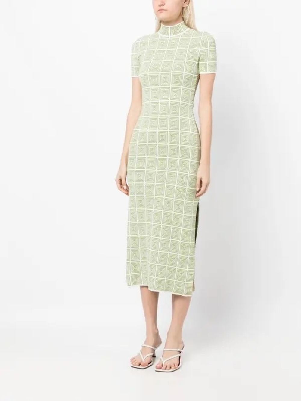 STAUD Green White Geometric Heli Maze-Print Midi Knit Dress Size M
